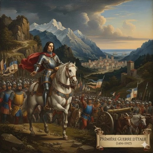 Les premières guerres d'Italie : de à Marignan Première guerre d'Italie (1494-1497) Objectifs de Charles VIII en 1494 Il s'agit de se rendre maître du royaume de Naples, puis d'entreprendre une croisade contre l'Empire ottoman de , afin de reconquérir Jérusalem. L'armée française à l'entrée en Italie (septembre 1494) Allié au duché de Milan, , parti de Lyon, arrive à Grenoble et franchit le col de Montgenèvre le 2 septembre 1494. L'armée française qui pénètre en Italie est composée de la garde r