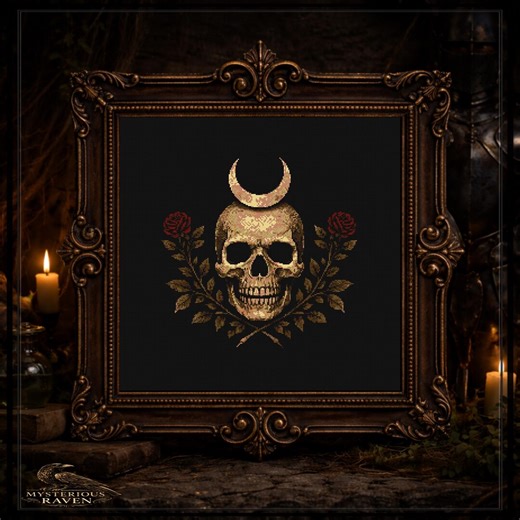 Gothic Skull Cross Stitch Pattern — Crescent Moon Portrait With Roses, Night Sky Embroidery PDF - Etsy