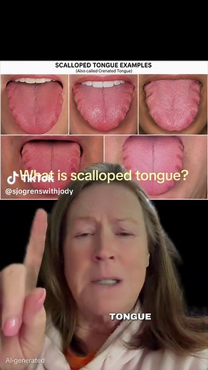 As a person living with Sjogren’s disease, this is something I wish more people knew about. See those indentations along the sides of the tongue? That’s called a scalloped tongue. A scalloped tongue can happen when the tongue presses against the teeth, but it can also be associated with dry mouth, sleep apnea, inflammation, and autoimmune medical conditions like Sjogren’s disease. When your salivary glands aren’t producing enough saliva, the tissues in your mouth can change over time. It’s not a