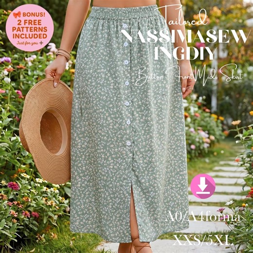 Button Front Midi Skirt Sewing Pattern – Elastic Waist Summer Skirt (PDF Download) - Etsy