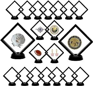 20 Pack 3D Floating Display Case with Stands, Black Coins Display Frame Clear Jewelry Holer for AA Medallion, Antique, Challenge Coin, Chip, Jewelry, Pin