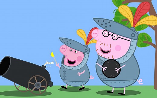 小猪佩奇和猪爸爸穿铠甲发射大炮