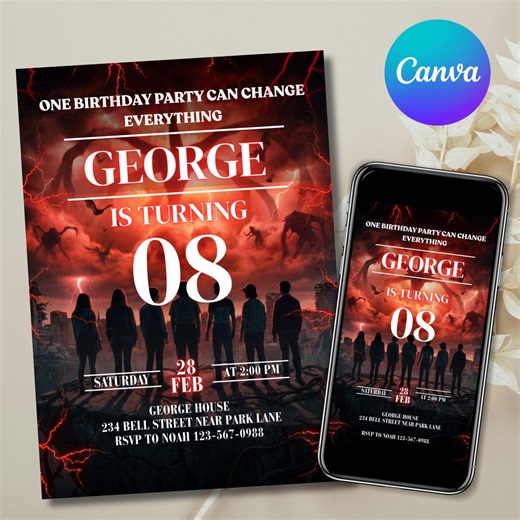 Stranger Things Birthday Invitation, Stranger Things Party Invitation, Printable Party Invite, Upside Down Theme, Editable Canva Template - Etsy