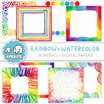 Square Rainbow Watercolor Border Clipart - Frames and Backgrounds