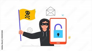 Internet fraud and hacker attack video concept. Moving male fraudster steals personal information and passwords. Cybercriminal gets access to smartphone. Flat graphic animated cartoon in doodle style
