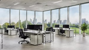 Modern office to present, Choose a modern office backdrop, showcasing looping visuals, text overlays, windows, tables, chairs, and natural light in 4k video.