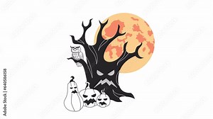 Halloween tree with scary pumpkins bw 2D animation. Spooky forest with rising moon 4K video motion graphic. Creepy woods Helloween monochrome outline animated cartoon flat concept, white background