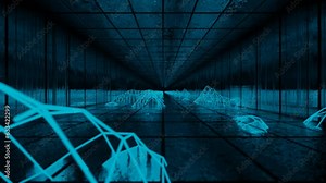 looped animated background. flying through a dark endless tunnel with a blue glow. 3d render