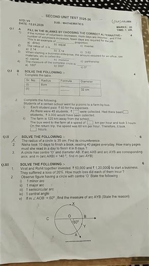 7th std maths Question paper 2nd unit test SSC board