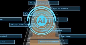 AI symbol with text bubbles over escalator, representing artificial intelligence assistance. innovation, technology, chat, communication, customer service, robotics