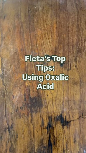Mix oxalic acid with hot water and brush on entire surface using the proper PPE and following instructions. Let it dry and then rinse with clean water and vinegar, then 2x with clean water. Continue with refinishing process once dry. #furniturerefinishing #fletastoptips #oxalicacid #waterstainremover | Fleta's Cupboard | Furniture Makeovers and Upcycles