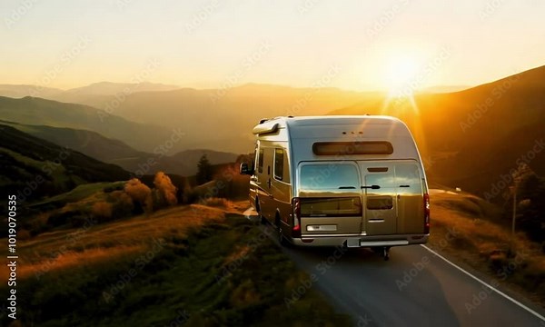 RV Motorhome Camper Van on Scenic Road Trip with Tourists Viewing Majestic Mountains at Sunset in a Beautiful Natural Landscape