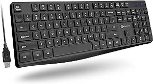 X9 Performance Wired Keyboard - Ultra Slim Full Size Ergonomic Computer Keyboard - Basic USB Keyboard for PC Desktop, Laptop with 5ft Corded Wire, 104 Quiet Keys, 14 Shortcuts, and Kickstand