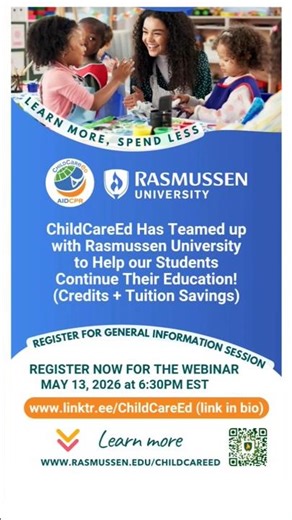 ChildCareEd teams up with ‪@RasmussenUniversity‬ ! Register for webinar www.linktr.ee/ChildCareEd