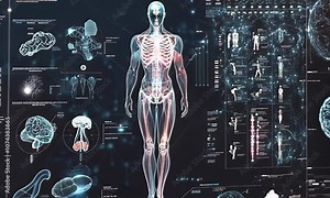 Illustration of human anatomy with detailed diagrams and data on various body systems.