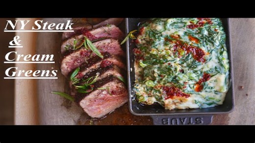 Perfect New York strip steak with creamy greens