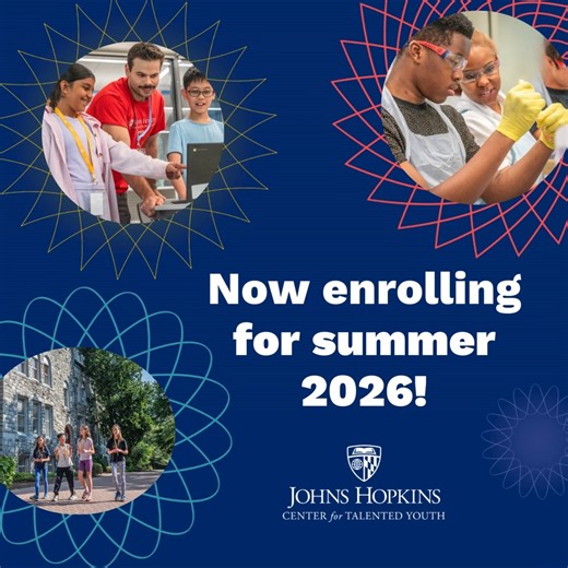 Cue the confetti—CTY'S SUMMER 2026 courses are officially OPEN FOR ENROLLMENT! 🎉 🎉 🎉 We've got something for every curious kid who's ready to spend their summer learning what they love and making new friends! 📚 😎 Choose from in-person and online courses in a variety of fun and fascinating subjects. Seats are first-come, first served, so don’t wait! | Johns Hopkins Center for Talented Youth