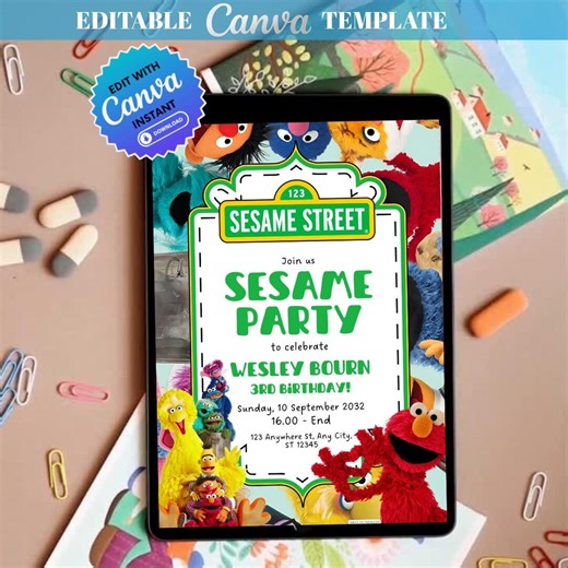 Sesame Street Birthday Invitation, Editable Birthday Party Invite, Printable Birthday, Sesame Street Birthday (editable in Canva) 08