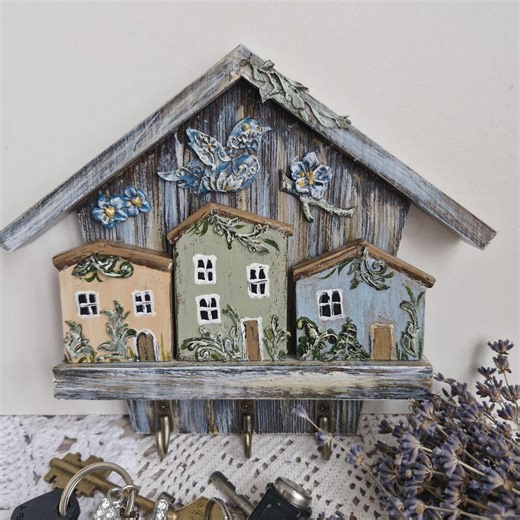 Rustic Wooden Key Holder House Handmade Wall Hooks for Keys Cottagecore Entryway Organizer Vintage Decoupage Key Rack - Etsy