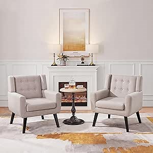Yaheetech Accent Chairs Set of 2, Modern Linen Fabric Living Room Chairs, Sofa Chairs for Bedroom, Office, Reading Nook, Beige