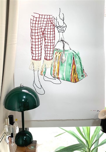 Large Modern Wall Art – Woman With Travel Bag – Embroidered Watercolor – Figurative Mixed Media - Etsy