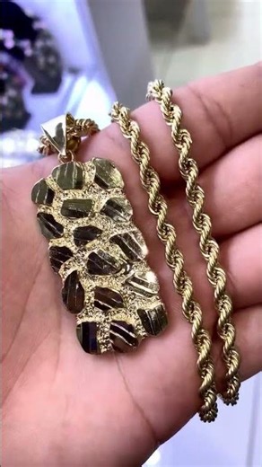 10K Gold Hollow Rope Chain & Nugget Pendant Set at Ijaz Jewelers #diamondpendant #goldpendants