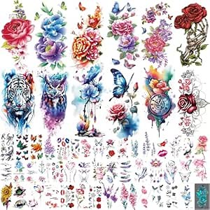 72 Sheets Temporary Tattoos Adult - 12 Sheets Half Arm Fake Tattoos, 60Sheets Tiny Small Tattoos Stickers Realistic, Including Butterflies, Flowers, and Animals Temporary Tattoos Adults and Women