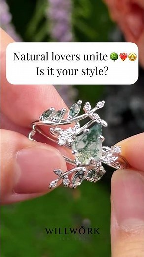 Kite Cut Moss Agate Engagement Ring | 14K White Gold Nature-Inspired Bridal Set