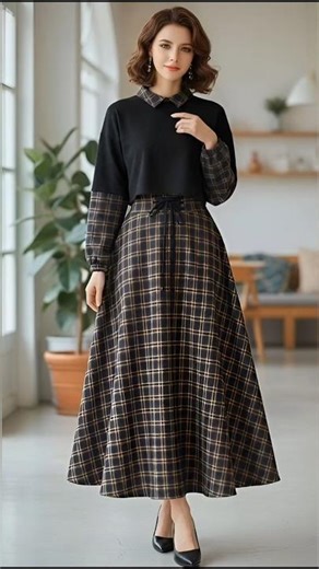 Elegant Plaid Contrast Maxi Dress for Fall & Winter – Modest Chic USA Style