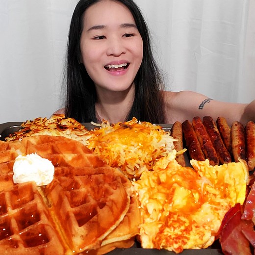 5.5K views · 179 reactions | Eating IHOP's Waffles Family Pack! It comes with Belgian Waffles, Bacon, Sausages, Golden Hash Browns and Scrambled Eggs! Their waffles are so fluffy and delicious! Do you prefer pancakes or waffles? #mukbang #asmr #breakfast #waffles #ihop #eatingshow #eatingsounds | Peggie Neo | Facebook