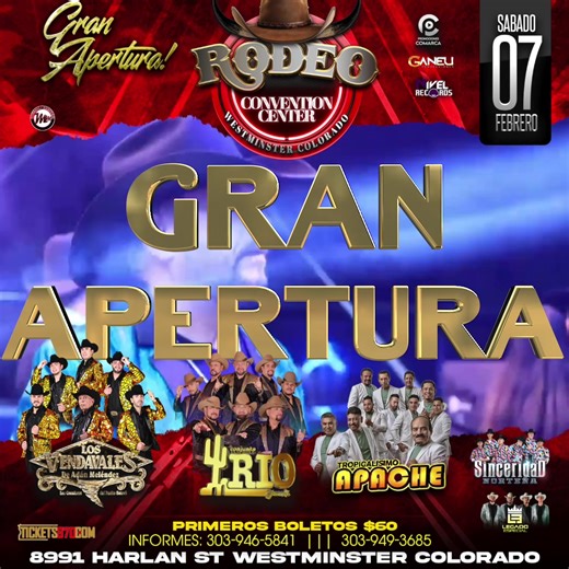 GRAN APERTURA !!! EVENTO PARA 18 CON I.D. @Los Vendavales de Adán Mel @ConjuntoRioGrande @tropicalismoapache @Sinceridad Norteña @legadoespecial Boletos comienzan en $60 Reservaciones (720)485-8182/(303) 949-3685 #baile #norteñas #chihuahua #zacatecas #vip