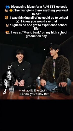 👥: Discussing ideas for a RUN BTS episode 🐯: I was thinking all of us could go to school#bts #army😆