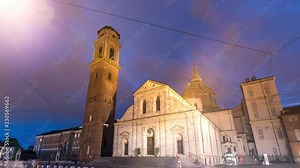 Turin Cathedral hyperlapse time lapse video italy, Duomo di Torino church in turin italy city day to night time lapse. The major Roman Catholic church of Turin. San Giovanni Battista