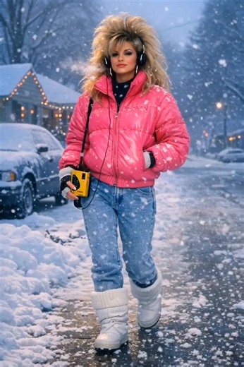 Snow day in the late 80s ❄️ The whole neighborhood is bundled up, shoveling driveways, fighting frozen car doors… and she steps outside like it’s a runway. Neon pink puffer. Moon boots. Teased hair that laughs in the face of humidity AND snow. Walkman on. Headphones locked in. Main character energy fully activated. The cold can bite. The wind can try. The forecast can scream all it wants. But confidence? That’s climate-proof. There was something different about 80s women. They didn’t shrink for 