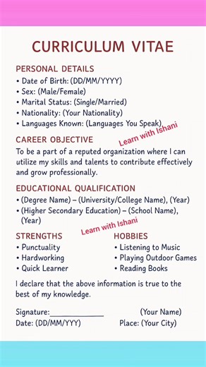 230K views · 1.1K reactions | Curriculum Vitae format #cv #biodata #fblifestyle #viral #trend #trending #education | Learn with Ishani | Facebook