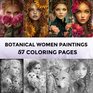 57 Botanical Women Paintings Grayscale Coloring Pages | Enchanted Floral Fairies | Download Grayscale | Flowers Portraits PDF | Animals - Etsy
