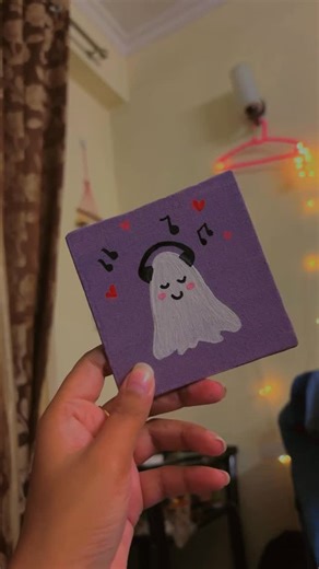 Juhi ♡ on Instagram: "Fall in love with music and life🤍 [Art, Cute, Cute ghost, listen to music, songs, music, canvas, canvas painting, poster colour, poster colour painting, beautiful , decoration, wall decor, canvas drawing, mini canvas drawing, Acrylic Painting, Artist, Explore, Aesthetics, Creative, colors, lavender, ghost, heart] #fypppppppppppppppppppppppppppppppppppppppppppppppppppppppppppppppppppppp #viral #explore #art #reels"