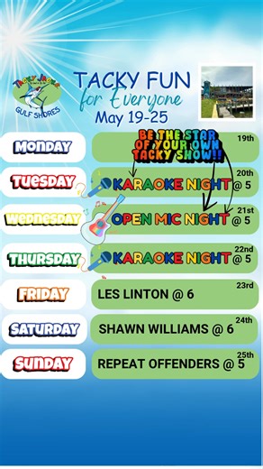 There's always something Tacky to get into when you visit us! 🎤Be the star of your own Tacky show three nights a week! 🎶Kick back to Tacky tunes every weekend! Don't miss any of the Tacky shenanigans! | Tacky Jack's Gulf Shores