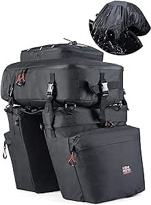 KEMIMOTO 3-in-1 Panniers for Bicycles, Bike Trunk Bag & Pannier Bags for Bicycles Rear Rack with Rain Cover, 45L Large Capacity Bike Saddle Bags with Reflective Strip, Shoulder Straps, Black