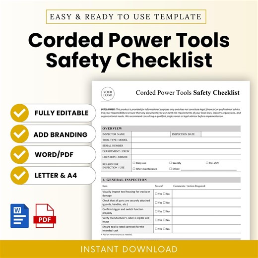 Corded Power Tools Safety Checklist Template – Word & PDF, A4   US Letter - Etsy