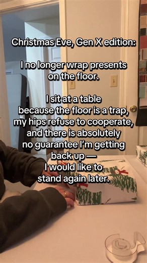 Christmas Eve, Gen X style — wrapping presents with comfort, strategy, and a realistic exit plan. 🎄😅 \t •\tGen X Christmas •\tChristmas Eve humor •\twrapping presents •\tGen X mom life •\tholiday humor •\tChristmas Eve real life •\tmiddle aged mom life •\tholiday prep reality •\tfunny Christmas moments •\tChristmas Eve routine