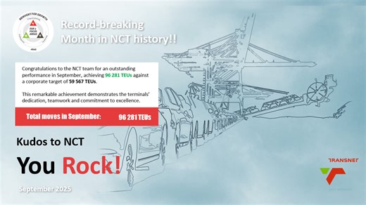 NCT smashes their target! September performance: 96 281 TEUs vs 59 567 target, which is an incredible achievement for the terminal. #WeExistToServe | Transnet Port Terminals