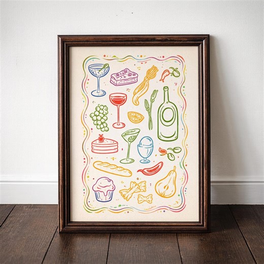 Kitchen Wall Art Printable, Food Illustration Poster, Colorful Kitchen Decor, Wine Pasta Bread Art, Digital Download - Etsy