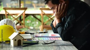 Asian young engineer man stress and failure in architecture project sitting at office on construction site. Upset despair civil construction engineer working on laptop with stressed problems