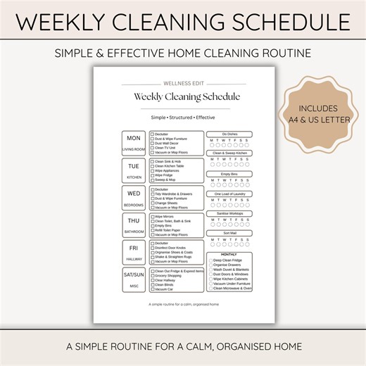 Weekly Cleaning Schedule Printable Home Cleaning Checklist Chore Chart Household Planner - Etsy
