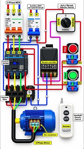 3-Phase Motor Wiring Diagram | Auto/Manual Control with Remote, Start/Stop Buttons & Overload