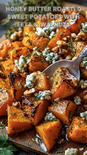 Sweet potatoes cubed and tossed with butter, honey, and olive oil. Sprinkle salt, pepper, cinnamon. Roast at 400°F for 30 minutes. Golden, caramelized, and finished with feta and walnuts. Ingredients ➤ 2 large sweet potatoes (about 1.5 lb / 700 g), peeled and cubed ➤ 2 tbsp unsalted butter, melted ➤ 1½ tbsp honey ➤ 1 tbsp olive oil ➤ ½ tsp salt ➤ ¼ tsp black pepper ➤ ¼ tsp cinnamon (optional) ➤ ½ cup crumbled feta cheese ➤ ¼ cup chopped toasted walnuts FULLL Recipe in First Cօʍʍеոτ 👇👇 | Nessy
