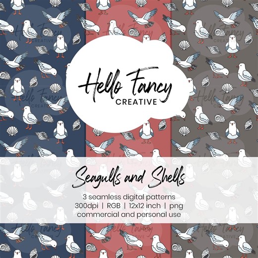 Moody Seagull & Seashell Pattern – Dark Coastal Beach Design – Seaside Fabric Digital File - Etsy