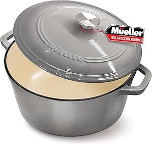 MUELLER HOME 7.5 QT Enameled Cast Iron Dutch Oven, Heavy-Duty, Oven-Safe up to 500° F & Across All Cooktops, Casserole Dish and Braiser Pan with Lid and Stainless Knob, Grey