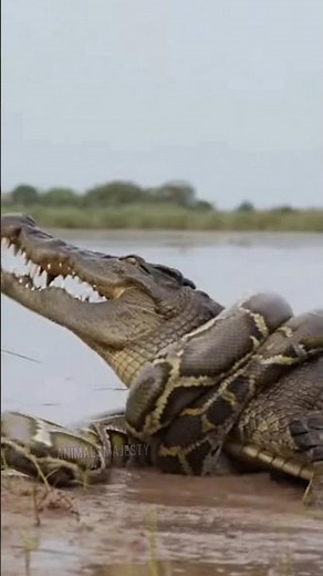 Giant Python Wraps Around Crocodile Neck and Squeezes!
